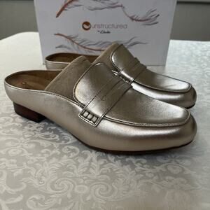 NEW Clarks Women 9M Keesha Donna Gold Metallic Leather Slip On Open Back Mules